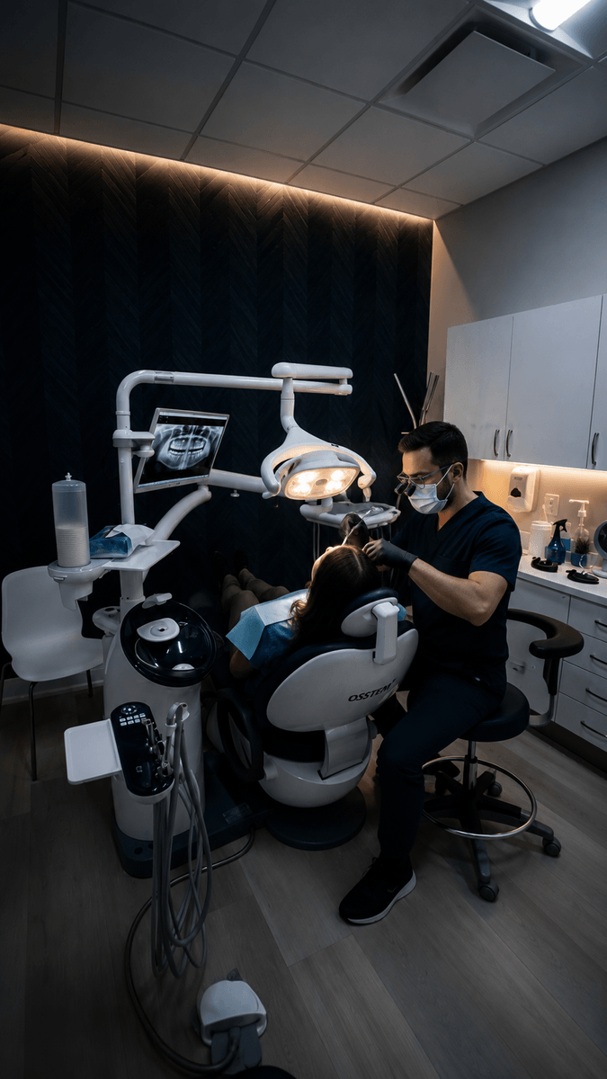 A dentist at Eastbridge Dental Care working on a patient under the operatory light