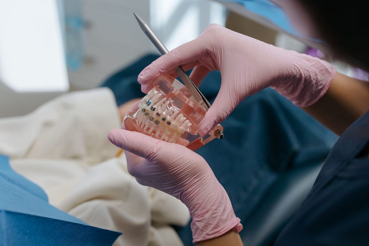 A clinician holding a model of teeth fitted with braces