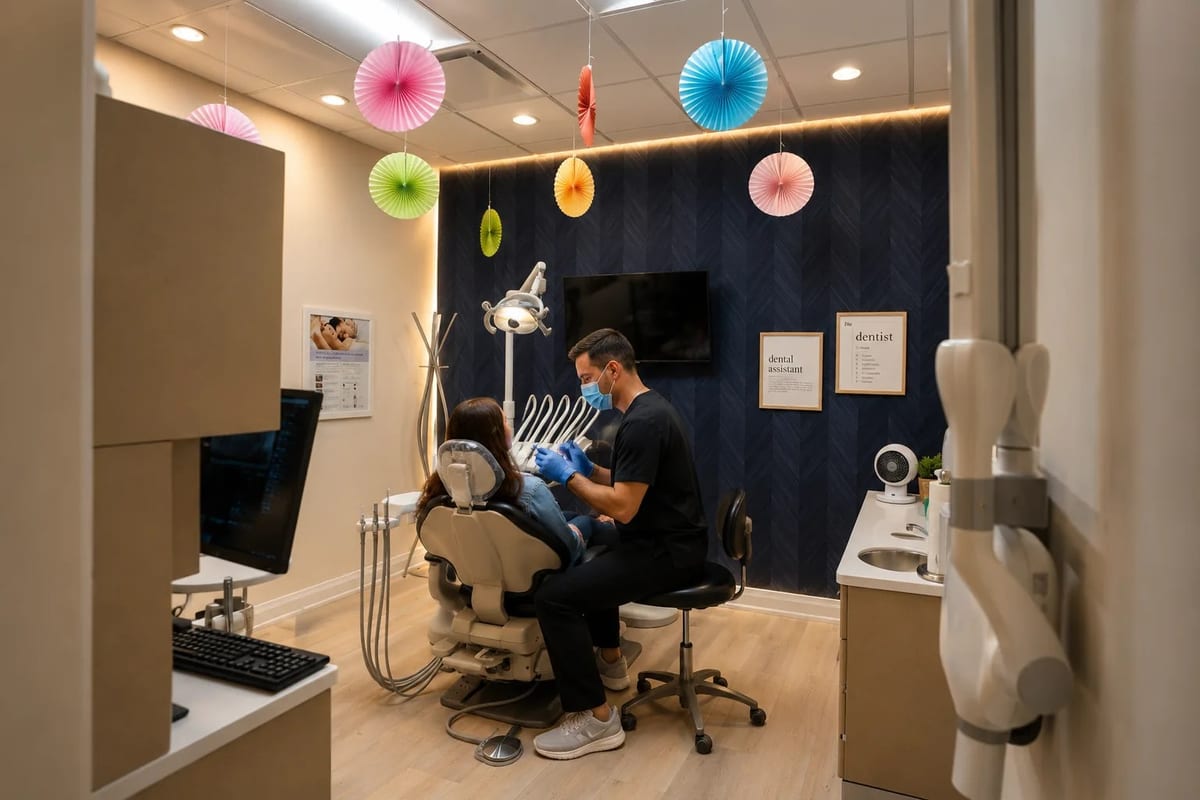 A dentist at Eastbridge Dental Care treating a patient in a treatment room